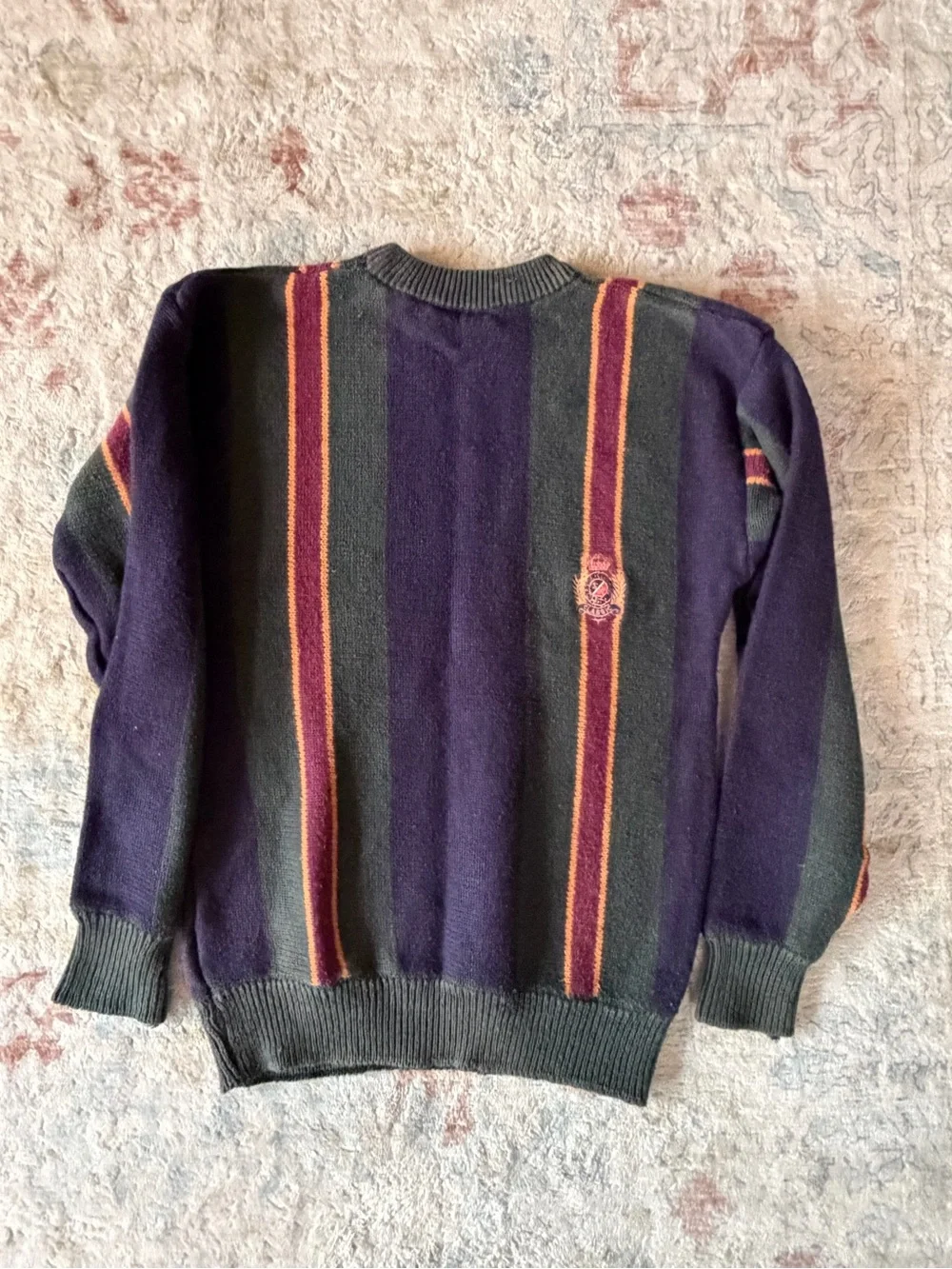 Vintage Men's Navy Blue, Forest Green and Maroon Striped Crewneck Sweater